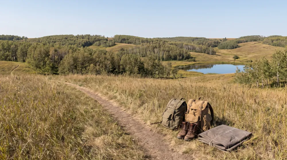 Illustration: rolling hills covered with aspen, poplar and birch, a dirt trail curving through tall grass and a small lake in the distance.